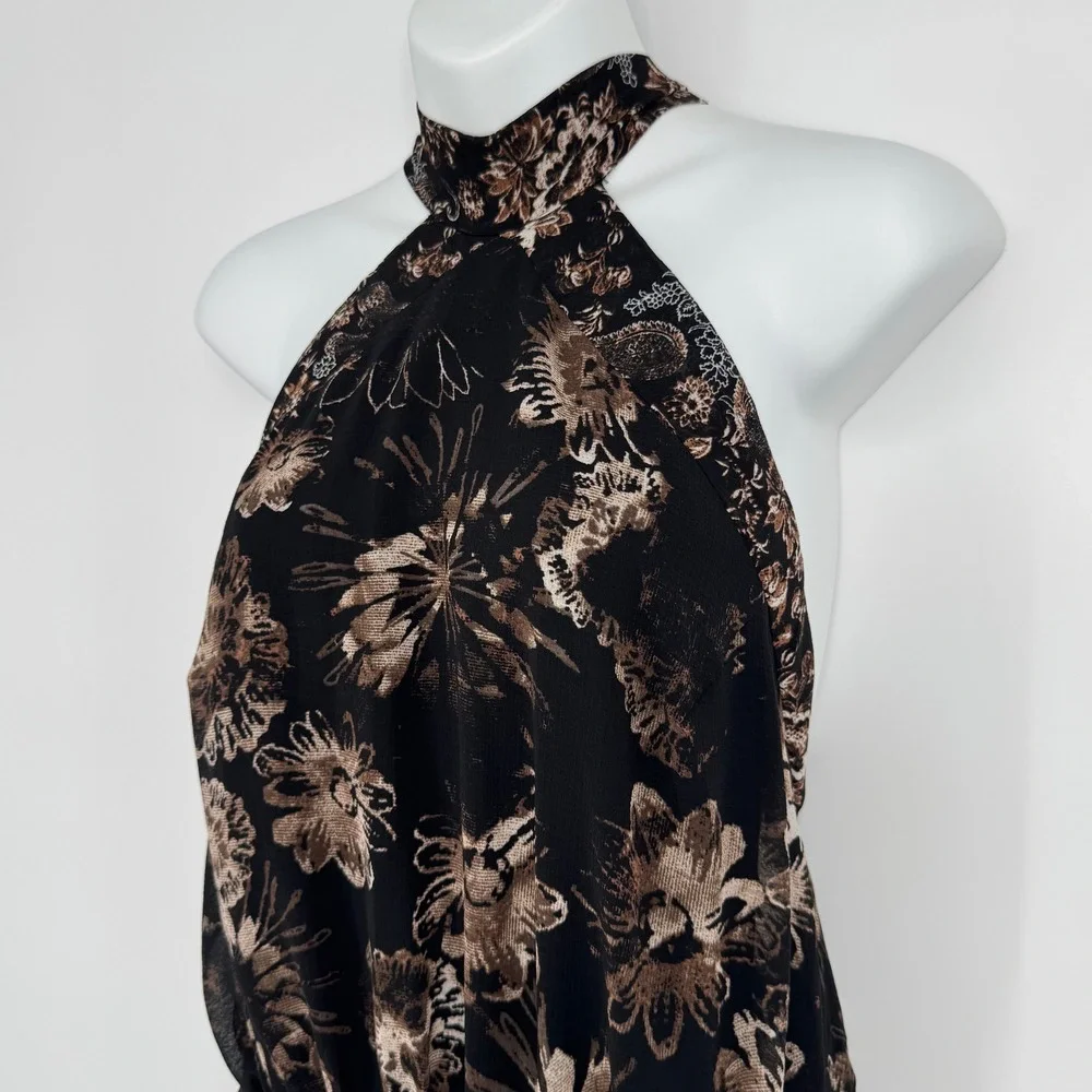 Free People Katerina Mini Dress Large Black Floral Halter Neck Boho Party Chic